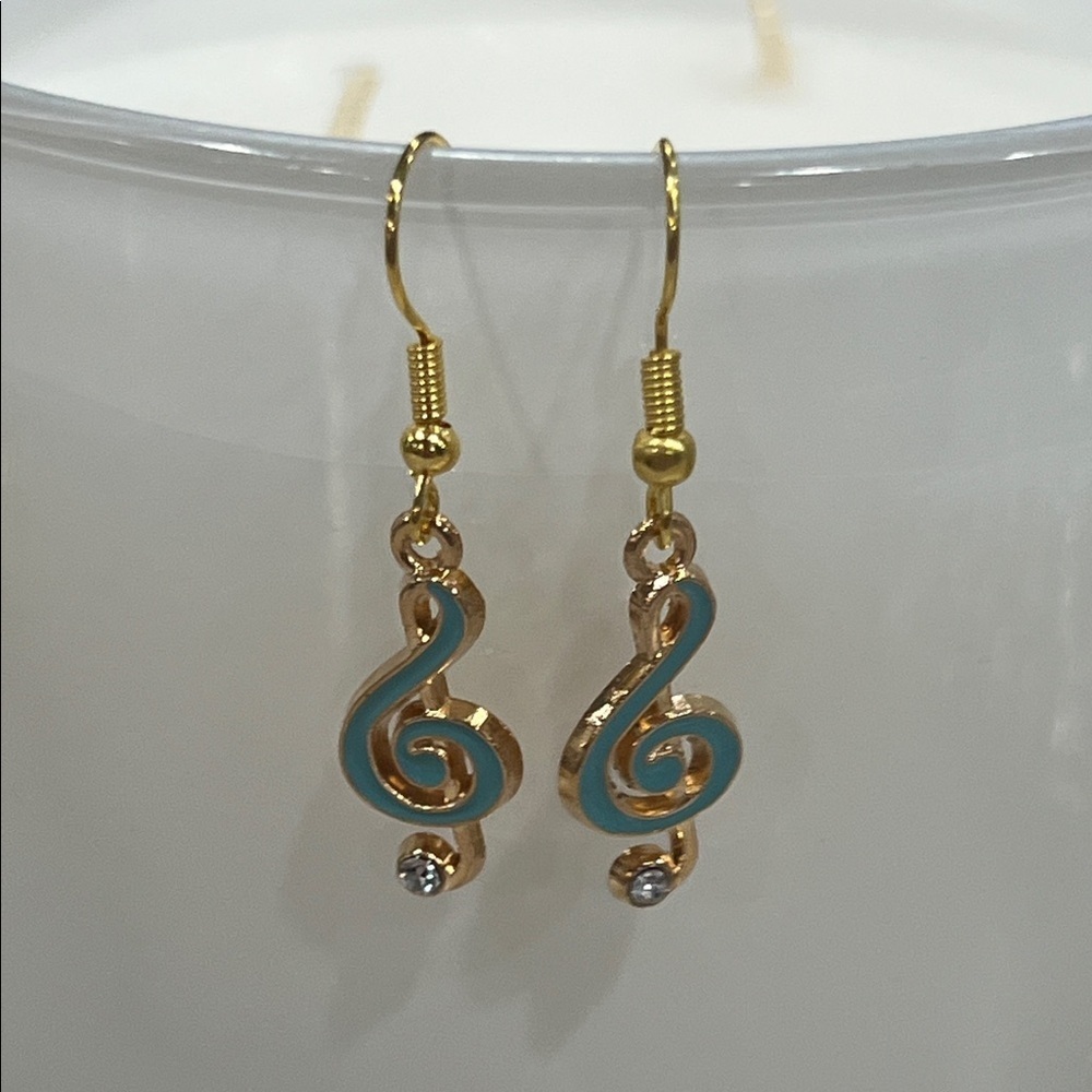 Gold and Blue Treble Clef Earrings
